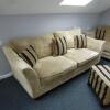 3 Piece Suite in Luxurious & Durable, Creamy/Gold Viscose Chenille Fabric. Includes Armchair, 3 Seater & 2 Seater Sofa's. Comes with Stripped Pattern, Deep Storage Footstool & 6 x Matching Cushions. Ashley Manor Upholstery. Appears in Good Condition. - 4
