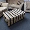 3 Piece Suite in Luxurious & Durable, Creamy/Gold Viscose Chenille Fabric. Includes Armchair, 3 Seater & 2 Seater Sofa's. Comes with Stripped Pattern, Deep Storage Footstool & 6 x Matching Cushions. Ashley Manor Upholstery. Appears in Good Condition. - 5