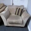 3 Piece Suite in Luxurious & Durable, Creamy/Gold Viscose Chenille Fabric. Includes Armchair, 3 Seater & 2 Seater Sofa's. Comes with Stripped Pattern, Deep Storage Footstool & 6 x Matching Cushions. Ashley Manor Upholstery. Appears in Good Condition. - 6