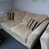 3 Piece Suite in Luxurious & Durable, Creamy/Gold Viscose Chenille Fabric. Includes Armchair, 3 Seater & 2 Seater Sofa's. Comes with Stripped Pattern, Deep Storage Footstool & 6 x Matching Cushions. Ashley Manor Upholstery. Appears in Good Condition. - 7