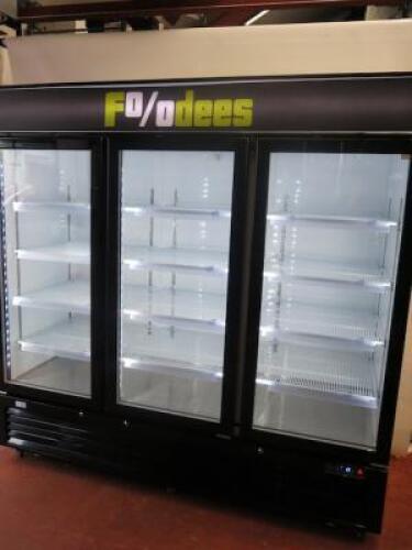 Interlevin LGC7500 Triple Door LED Illuminated Showcase Refrigerated Display Unit. S/N LGC750000317091900180009. Capacity 2050 Litres. Manufactured September 2017, (appears in near new condition). Original Cost £2700