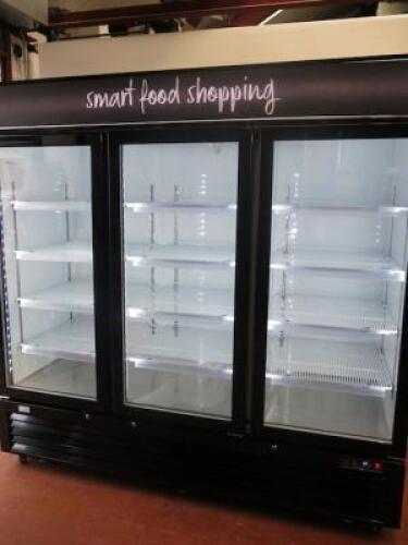 Interlevin LGC7500 Triple Door LED Illuminated Showcase Refrigerated Display Unit. S/N LGC750000317101200180003. Capacity 2050 Litres. Manufactured October 2017, (appears in near new condition). Original Cost £2700
