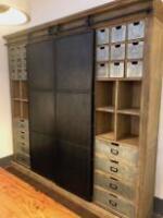 Barker & Stonehouse Biblio Oak Industrial Grand Cabinet with Engineered Wood Panels, 2 Galvanized Sheet Metal Panels on a Runner, 8 Drawers & 18 Haberdashery Drawers. Size H245cm x W260cm x D50cm.