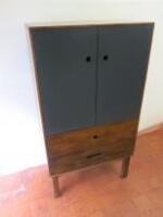 Wooden Grey Painted 2 Door Over 2 Drawer Cabinet with 1 Shelf on Slim Wooden Legs. Size H146cm x W80cm x D46cm.