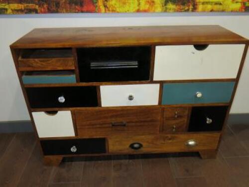 Wooden Side Board with 14 Drawers. Assorted Handles & Painted Effect Drawer Fronts. Size H80cm x W115cm x D36Ccm.
