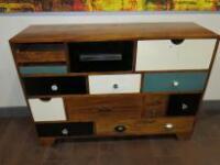 Wooden Side Board with 14 Drawers. Assorted Handles & Painted Effect Drawer Fronts. Size H80cm x W115cm x D36Ccm.