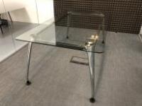 Glass Top Rounded Edge, Dining/Meeting Table on Brushed Metal Frame & Legs. Size H72cm x W180cm x D100cm.