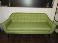 2 Seater Sofa Upholstered in Green Fabric with Button Back Detail on Black Wooden Legs. Size H85cm x W185cm x D85cm.