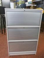 3 Tier Roller Shutter Cabinet in White. Size H135cm x W85cm x D43cm.