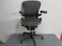 Herman Miller Aeron Chair. Graphite Base, Frame & Back, Dark Mesh Seat and Soft Arm Pads. (As Viewed/Pictured).