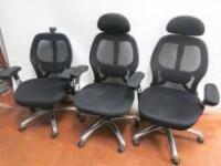 3 x Mesh Fully Adjustable Office Swivel Chairs. NOTE: Missing 1 x Head Rest & 1 x Arm Rest (Condition As Viewed/Pictured).