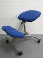 Designer Kneeling Chair with Metal Frame & Upholstered in Blue Hopsack Material.