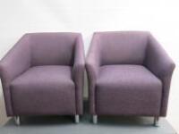 Pair of Geometric Furniture Reception Chairs on Chrome Feet, Upholstered in Purple Hopsack Fabric.