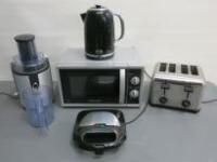 Lot of Assorted Domestic Kitchen Appliances to Include: Morphy Richards 800W Microwave Model MM820CXN, Kenwood 4 Slice Toaster, Breville VKJ755 Kettle, Philips HR18261 Juicer & Cookworks S-6191H Sandwich Toaster.