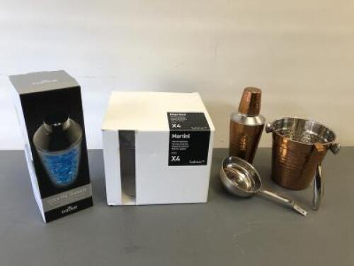 Lot of Cocktail Equipment to Include: Barcraft Boxed Shaker, 4 x Martini Habitat Glasses & Copper Effect Mini Shaker & Ice Bucket with Tongs.