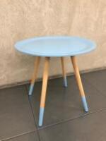 Round Wood Coffee Table with Blue Painted Top. Size H50cm x D50cm.