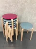 7 x Bentwood Round Stools with Assorted Coloured Tops (As Viewed).