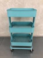 3 Tier Mobile Trolley in Turquoise. Size H80cm x W45cm x D30cm.