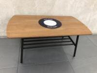 Dark Wood Top Coffee Table on Black Metal Base with Shelf Under. Size H40cm x W90cm x D50cm.