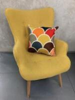 Milja Design Mustard Yellow Fabric, Button Back Lounge Chair on Light Wood Legs. Size H86cm.