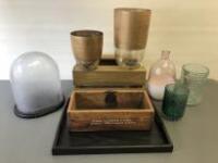 Assorted Lot of Decorative Vases to Include: Bell Jar with Wood Base, Black Wood Tray, Wood Crate & 5 x Vases.