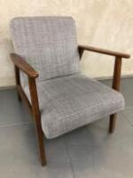 Light Grey with Black Fleck Fabric Chair with Dark Wood Arms, Legs & Frame. Size H75cm.