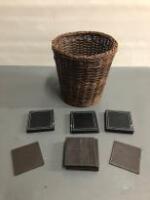 Brown Wicker Waste Paper Basket with Assorted Coasters.
