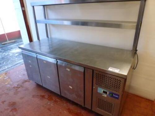 Prodis 3 Door Mobile Refrigerated Counter with 2 Shelves Over, Model GRN-C3R, S/N 161100371, DOM November 2016. Size 180cm (W).
