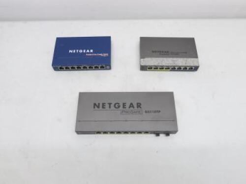 3 x Assorted Netgear 8 Port ProSafe Switches to Include: 1 x GS108, 1 x GS108PE & 1 x GS110TP. Note: require power supplies.