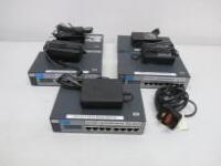 5 x HP Procurve 8 Port Switch, Model 1800-8G J9029A. Comes with 5 x AC/DC Adapters.