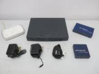 Assorted Lot of Switches & Routers to Include: 1 x Cisco 887VA Router, 1 x Netgear Wireless N150 Access Point, 1 x Netgear FS108 Switch & 1 x Netgear Switch GS105. Comes with 3 x Power Supplies.