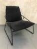 Dark Grey Fabric Cushion Seat & Back Lounge Chair on Black Metal Frame. Size 75cm.