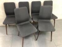6 x Dark Green/Grey Material Chairs on Dark Wood Legs. Size H80cm.