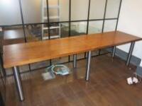 2 Position Office Dark Wooden Desk with 6 Metal Legs & Cable Tidy. Size H77cm x W280cm x D75cm.