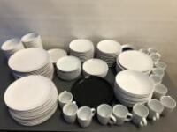 Large Quantity of Assorted White (with some Black) Crockery to Include: Dishes, Plates, Bowls & Cups.