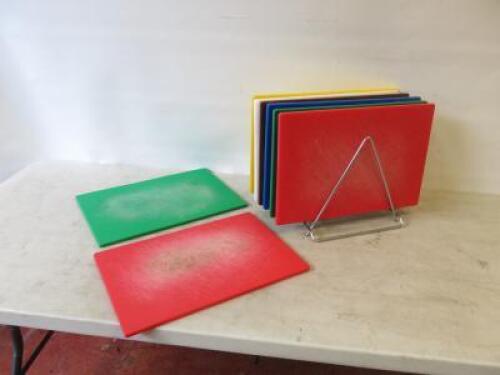Set of 8 Coloured Chopping Boards with Metal Stand, Size 45cm x 30cm.