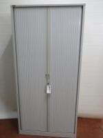 Roneo Metal Light Grey 4 Shelf 2 Door Tambour Cupboard with Key. Size H209cm x W100cm x D47cm.