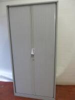 Roneo Metal Light Grey 4 Shelf 2 Door Tambour Cupboard. Size H209cm x W100cm x D47cm.