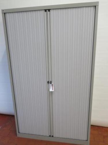Metal Light Grey 3 Shelf 2 Door Tambour Cupboard with Key. Size H199cm x W120cm x D43cm.
