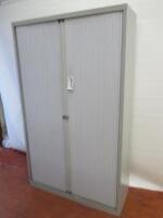 Metal Light Grey 3 Shelf 2 Door Tambour Cupboard. Size H199cm x W120cm x D43cm.