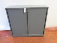 Ahrond Dark Grey Metal 2 Shelf 2 Door Tambour Cupboard. Size H108cm x W120cm x D46cm.