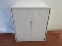 2 Shelf 2 Door Metal Tambour Cupboard in White with Key. Size H115cm x W100cm x D47cm.