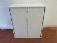 2 Shelf 2 Door Metal Tambour Cupboard in White. Size H115cm x W100cm x D47cm.