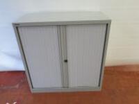 Bisley Metal 2 Door Tambour Document Holder Cupboard in Light Grey. Comes with a Quantity of Crystafile Classic Suspension Files & Railex Marbleboard Simplafile. Size H102cm x W100cm x D47cm.