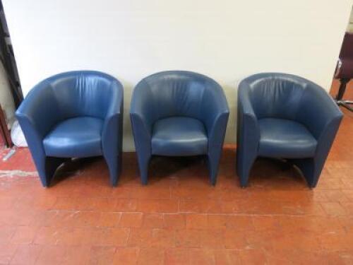3 x Blue Leather Reception Tub Chairs with Chrome Feet. Size H 78cm x W70cm x D65cm.
