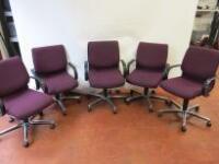 5 x Comforto Office Swivel Chairs in Burgundy on Castors & Chrome Base.