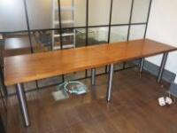 2 Position Office Dark Wooden Desk with 6 Metal Legs & Cable Tidy. Size H77cm x W280cm x D75cm.