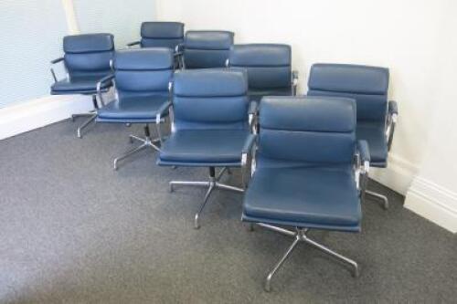 Set of 8 'Charles & Ray Eames' Vitra EA 208 Soft Padded, Swivel Chairs,Upholstered in Blue Leather with Padded Armrests on 4 Star Chromed Base. 