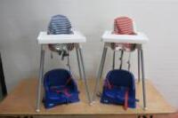 2 x IKEA Antilop High Chairs with Cushions & 2 x Chair Booster Seats with Straps.SIze 89cm High. As Viewed/Pictured.  