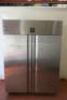 Williams Stainless Steel Commercial Double Door Upright Refrigerator on Castors, Model HJ2SA HC R2, Serial Number 1804/851907. Comes with 6 Shelves. Size H196cm x W140cm x D83cm.